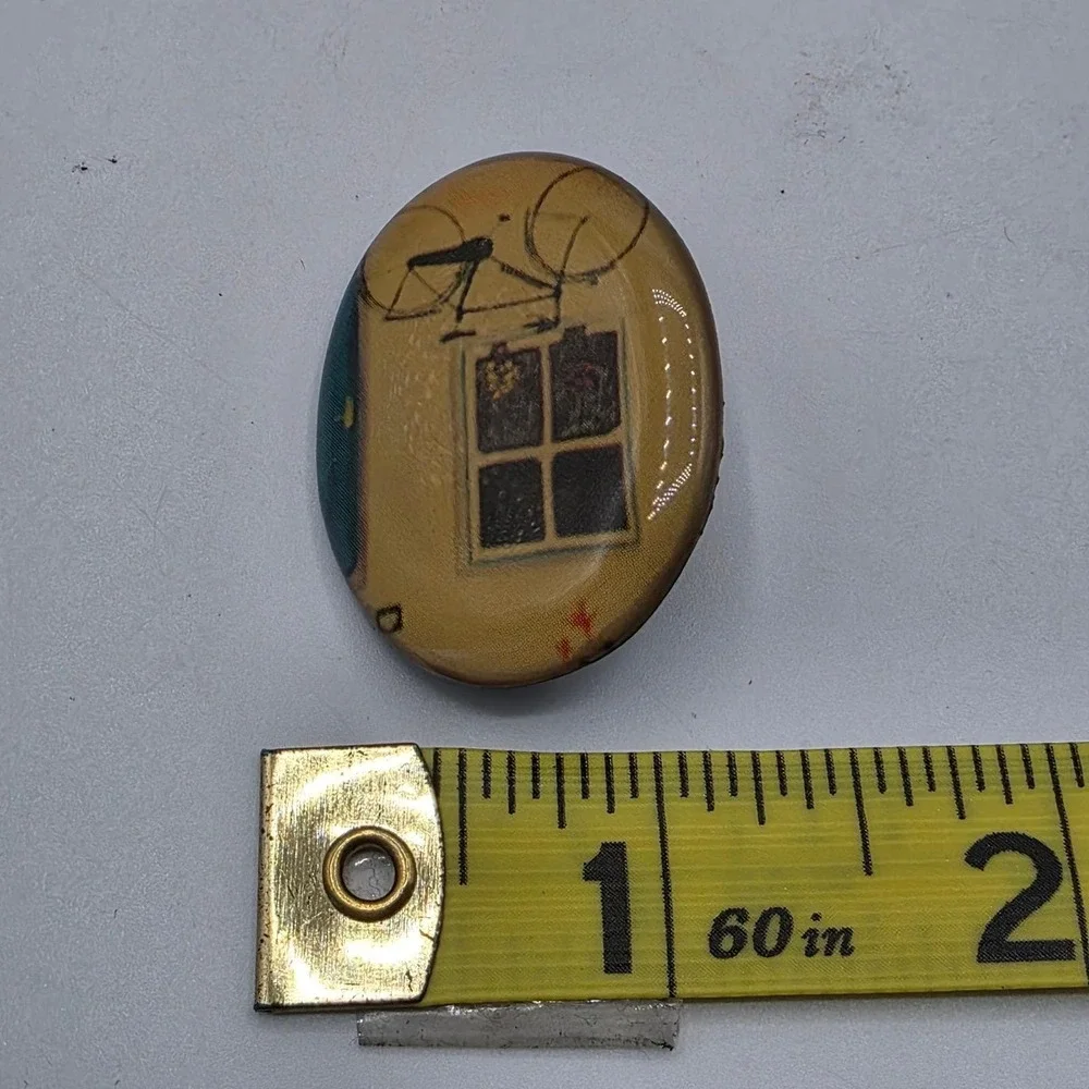 Vintage Bicycle‎ Window Scene Oval Resin Brooch Yellow Teal Whimsical Art Pin